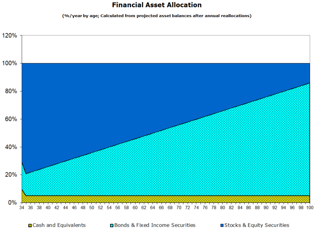 VeriPlan personal financial planning calculator software: The VeriPlan Financial Asset Allocation graphic shows your projected annual financial asset allocation across your lifetime. VeriPlan provides five asset allocation methods with flexible user adjustments. 